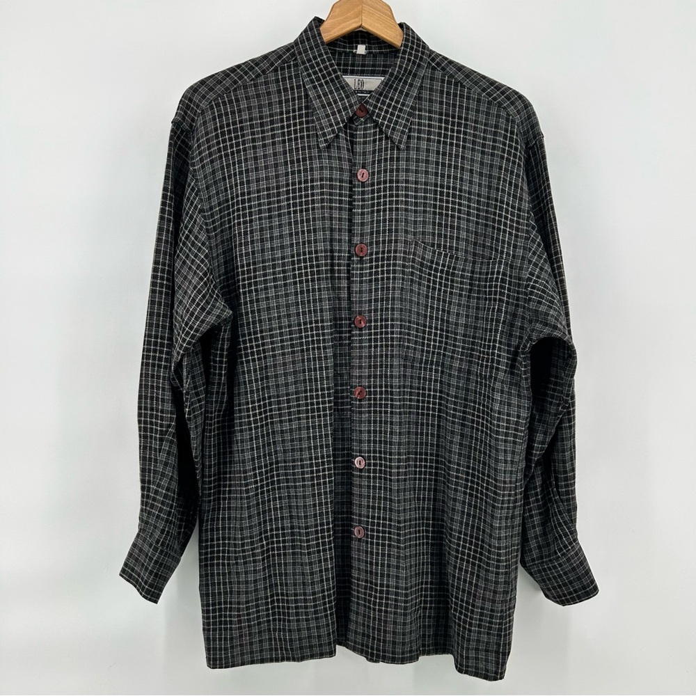VTG Leo Mens Shirt Sz Medium Long Sleeve Black Gingham Check Made in Italy Retro